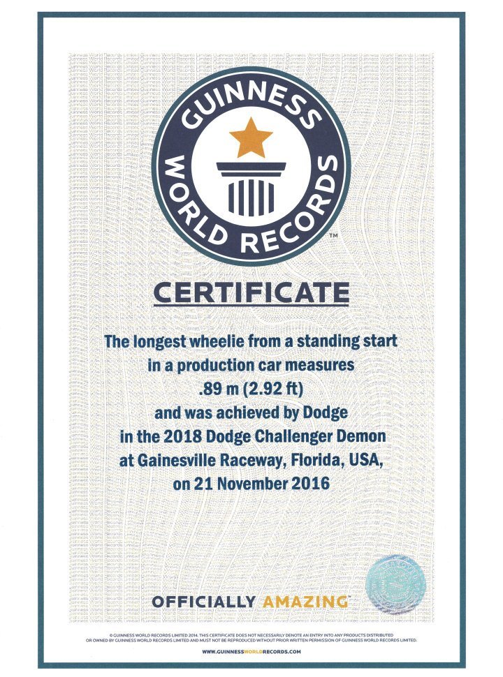 Guinness World Records certification of the 2018 Dodge Challenge