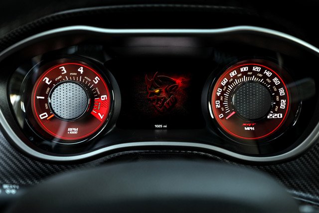 2023 Dodge Challenger SRT Demon 170 instrument cluster, featuring the reimagined Demon logo with a “170”-neck tattoo and a new E-85-representative yellow Demon’s eye.