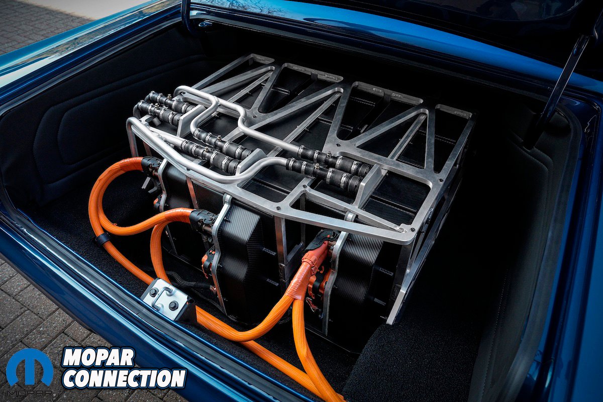 In the trunk of the Plymouth GTX Electromod Concept sits a carbo